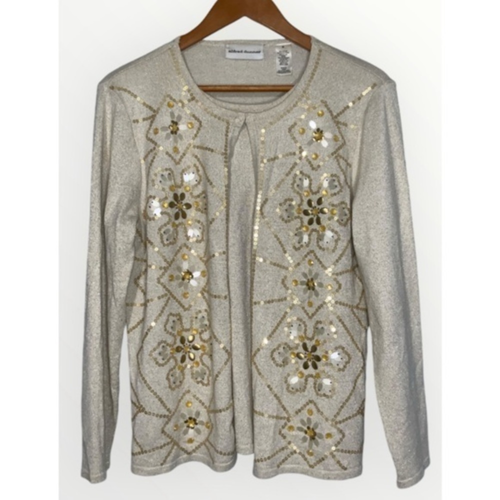 Alfred Dunner Gold Metallic All In One Pullover/Cardigan Sweater W/ Sequins Med
